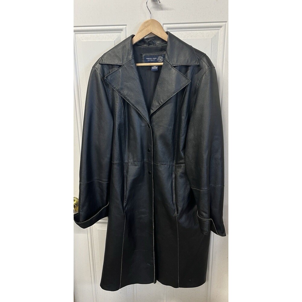 Venezia Black Leather Coat Jacket Women’s 14 16 Vintage Snap Biker Mob Wife